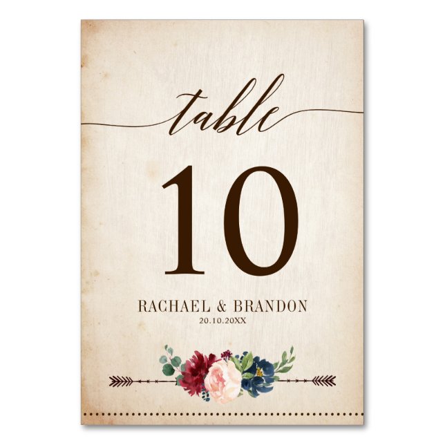 Burgund Navy Floral Boho Country Wedding Tischnummer (Vorderseite)