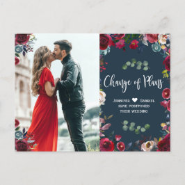 Burgund-Navy-Floral-Foto auf Hochzeit verschoben Ankündigungspostkarte