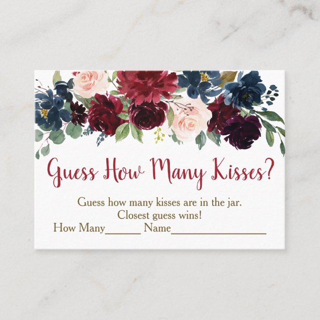 Burgund & Navy Floral Guess Wie viele Kisses Game Platzkarte (Vorderseite)