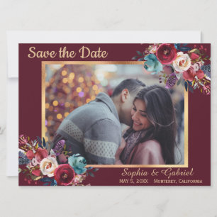 Burgund Navy Floral Modernes Foto Save the Date