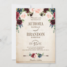 Burgund Navy Floral Rustic Country Wedding Einladung