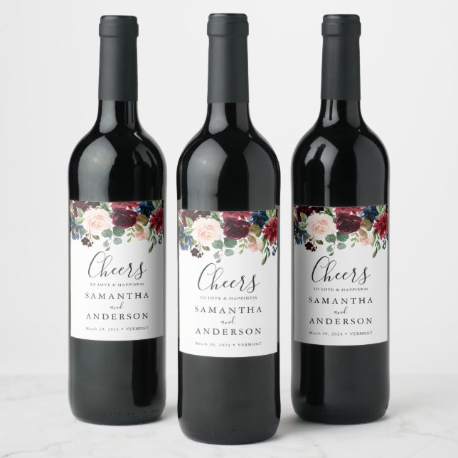 Burgund Navy Floral Wedding Wine Bottle Labels Weinetikett (Flaschen)