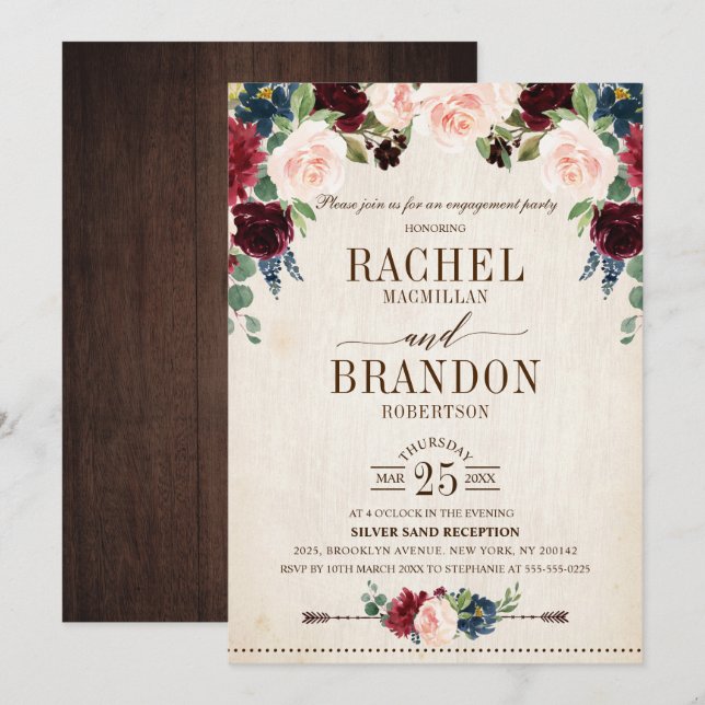 Burgund Navy florale Rustikal Boho Engagement Part Einladung (Vorne/Hinten)