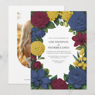 Burgund, Navy & Gold Florale Hochzeit Einladung