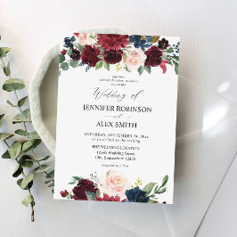 Burgund & Navy, Rosa Blütenblume 2 Invige Einladung