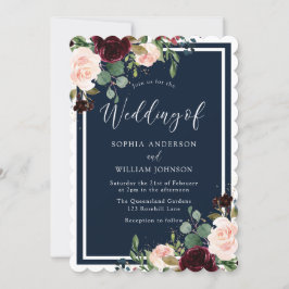 Burgund & Navy Roter Wein & Blush Blume Hochzeit Einladung