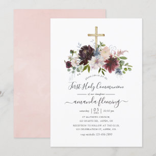 Burgund, Navy und Blush Floral Erstkommunion Einladung