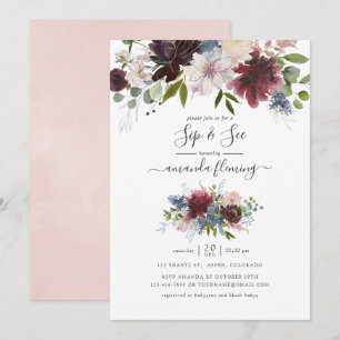 Burgund, Navy und Blush Floral Sip and See Einladung