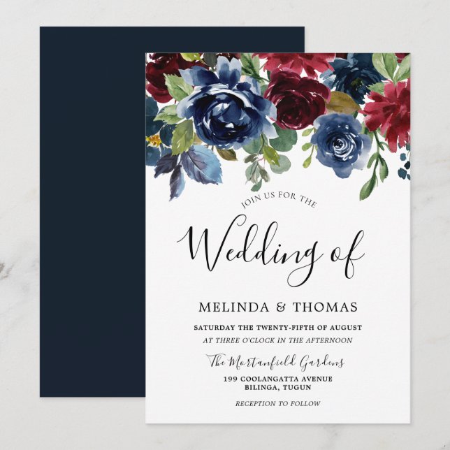 Burgund & Navy Wasserfarben Blume Hochzeit im Herb Einladung (Vorne/Hinten)