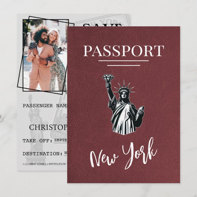 Burgund New York City Passport Save the Date (Vorne/Hinten)