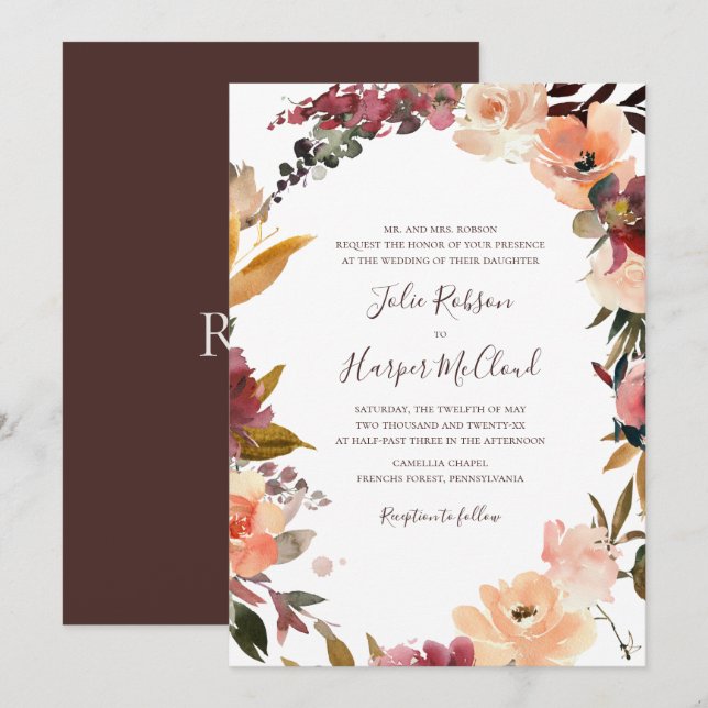 Burgund Orange Blumenreath Traditionelle Hochzeit Einladung (Vorne/Hinten)