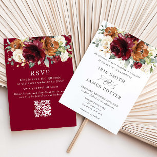 Burgund Orange Elfenbein Florale Hochzeits-QR-RSVP Einladung