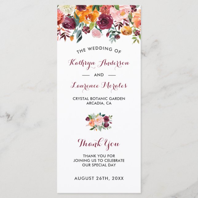Burgund Orange Pink Blume Hochzeitsprogramm Programm (Vorderseite)