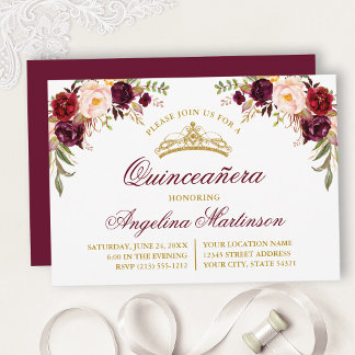 Burgund-Party für Wasserfarben Quinceanera Einladung