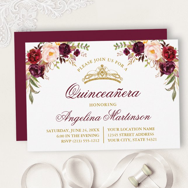 Burgund-Party für Wasserfarben Quinceanera Einladung (Customize to change text size, color, text style or color of back of card.)