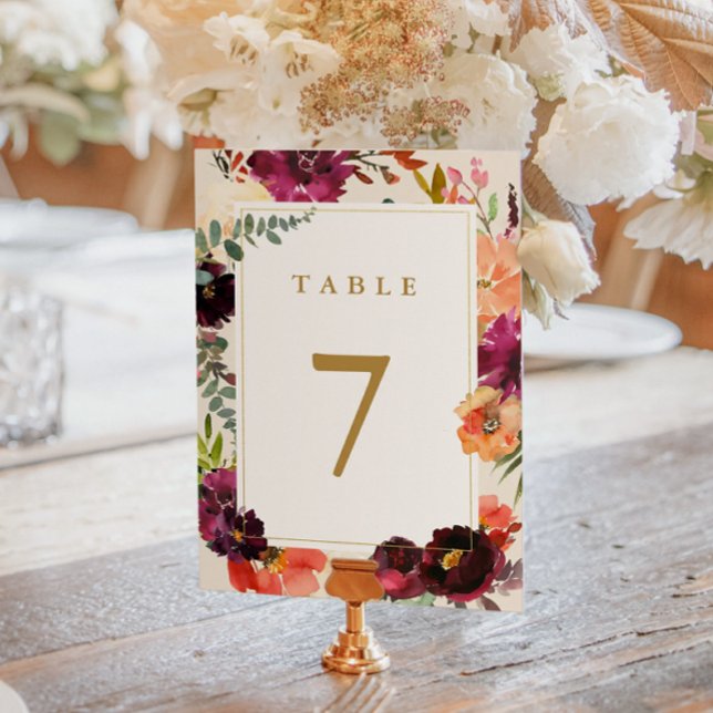 Burgund + Peach Watercolor Floral Wedding Tischnummer (Von Creator hochgeladen)