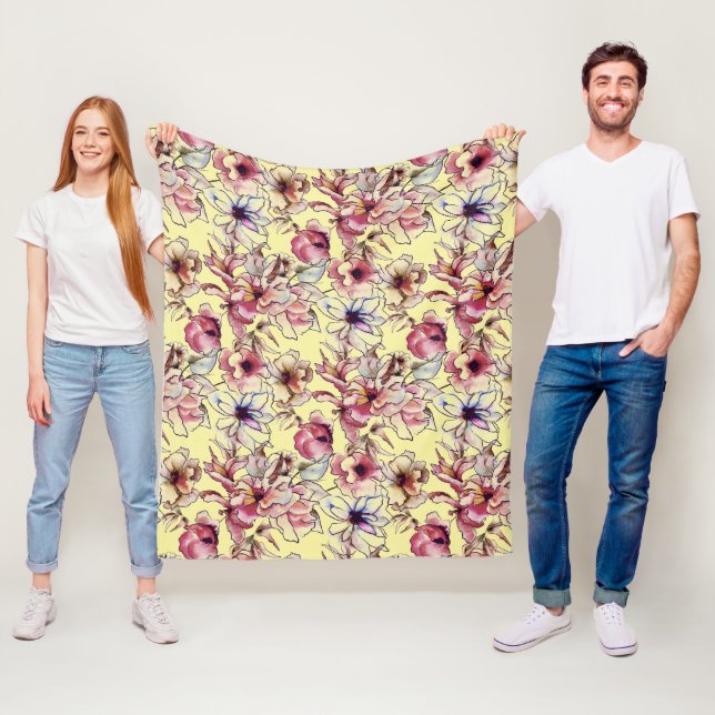 Burgund Pink Blauer Blumengarten Wasserfarbe Fleecedecke (Beispiel)