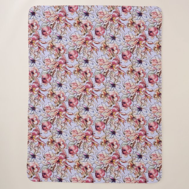 Burgund Pink Blauer Blumengarten Wasserfarbe Sherpadecke (Vorderseite)