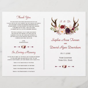 Burgund Pink Blume Antlers Wedding Programm Flyer