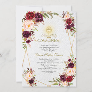 Burgund Pink Blume Gold Erste Heilige Kommune Einladung