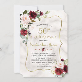 Burgund Pink Blume Gold Marmor 50. Geburtstag Einladung