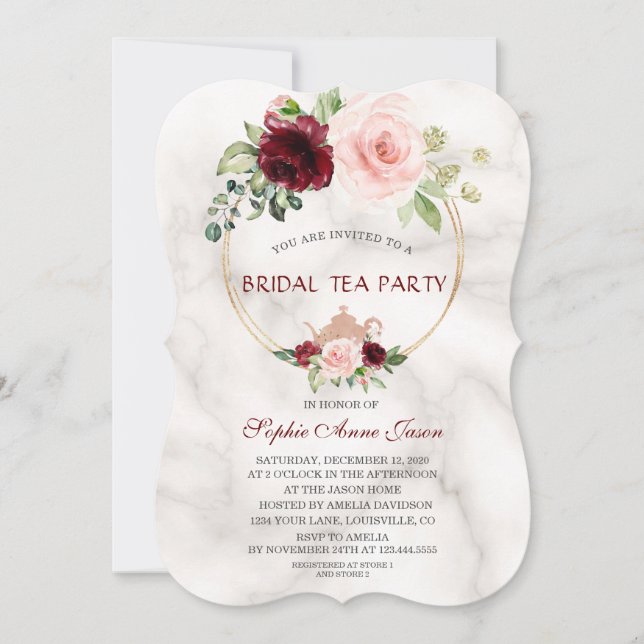 Burgund Pink Blume Marble Bridal Tee Party Einladung (Vorderseite)