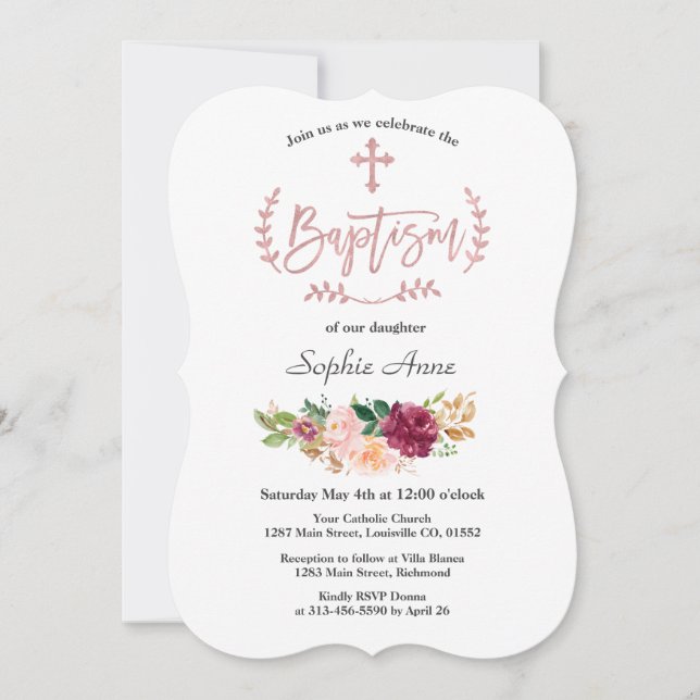 Burgund Pink Blume Rose Gold Cross Taufe Einladung (Vorderseite)