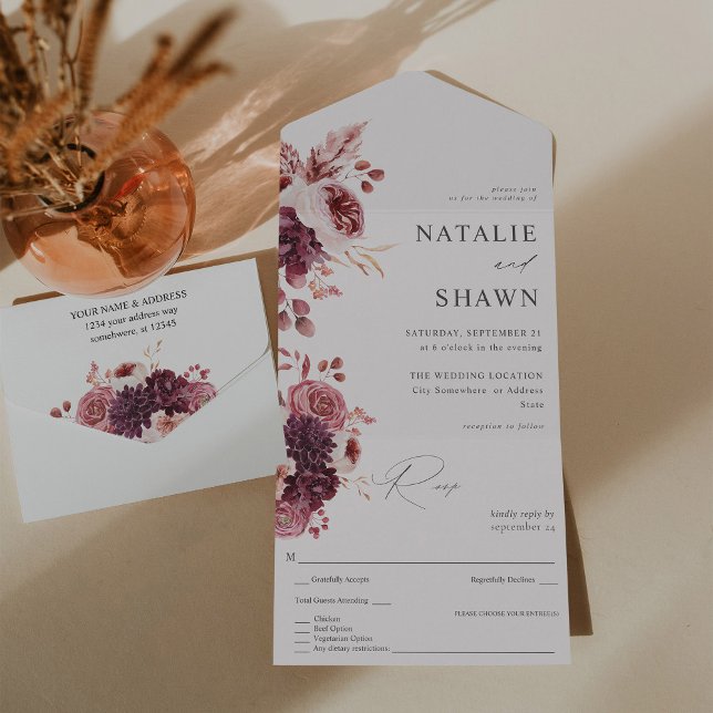 Burgund & Pink Floral 8A Hochzeit All In One Einladung (Von Creator hochgeladen)