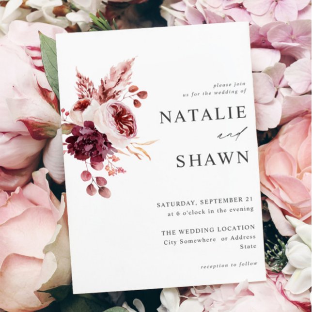 Burgund & Pink Floral 8A Hochzeit Einladung (Von Creator hochgeladen)