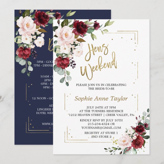 Burgund Pink Floral Gold Bachelorette Wochenende Einladung (Vorne/Hinten)