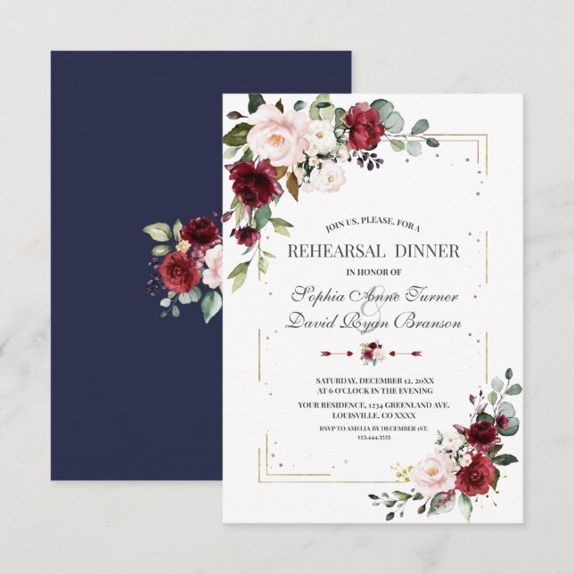 Burgund Pink Floral Gold Glitzer Probe Dinner Einladung (Vorne/Hinten)