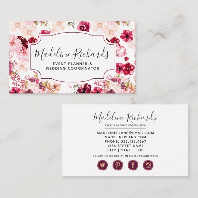 Burgund & Pink Floral mit Social Media Icons Visitenkarte (Vorne/Hinten)