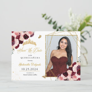 Burgund Pink Fotokarte Quinceañera Save the Date Einladung