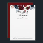 Burgund Pink Navy Bloralhochzeiten Worte der Weish Hinweiskarte<br><div class="desc">Diese bordeauxrosa, blumengeschmückte Hochzeitskarte ist perfekt für eine rustikale Hochzeit. Die Einrichtung besteht aus Aquarellpink, Rosa, Blau, Marinebäume, Blauen und Bordeaux, Rose mit grünem Blattwerk, die schön zu eleganten Bouquets zusammengefügt sind. Diese Karten sind ideal für Hochzeiten, Brautparty, Babydusche, Graduiertenfest u.v.m. Personalisieren Sie die Karten mit den Namen der Braut...</div>