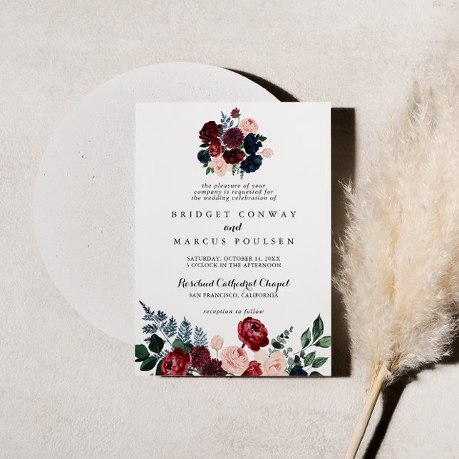 Burgund Pink Navy Floral Traditionelle Hochzeit Einladung (Von Creator hochgeladen)