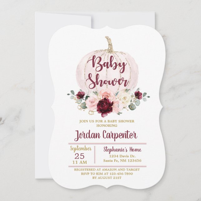 Burgund Pink Pumpkin Baby Girl Dusche Einladung (Vorderseite)