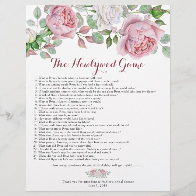 Burgund Pink Rose Brautparty Games Flyer (Vorne)