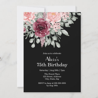 Burgund Pink Rose Elegant Flora 75. Geburtstag Einladung