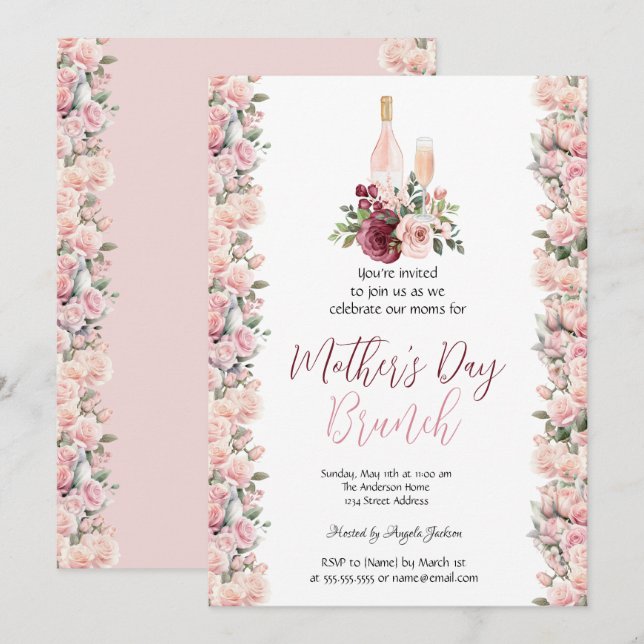 Burgund Pink Roses Wein Muttertag Brunch Einladung (Vorne/Hinten)