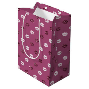 Burgund Pink Roter Glitzer Weiße Kisses Lippen Mittlere Geschenktüte