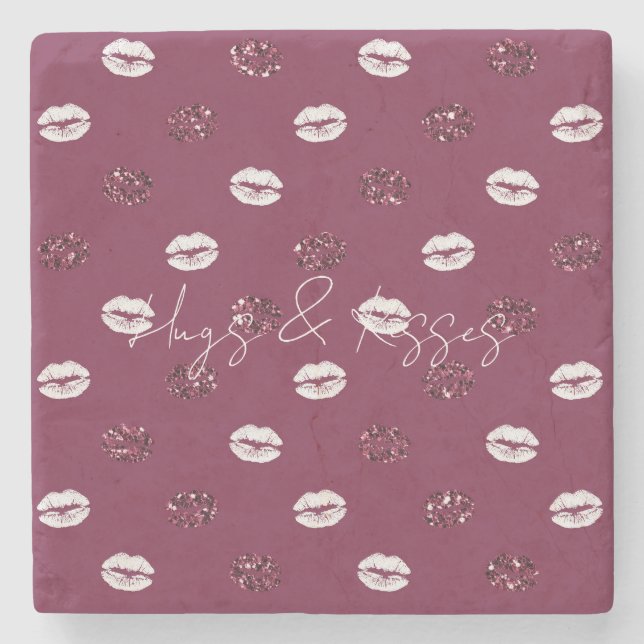 Burgund Pink Roter Glitzer Weiße Kisses Lippen Steinuntersetzer (Vorderseite)