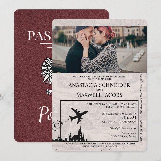 Burgund Polen Pass Einladung zur Hochzeit (Vorne/Hinten)