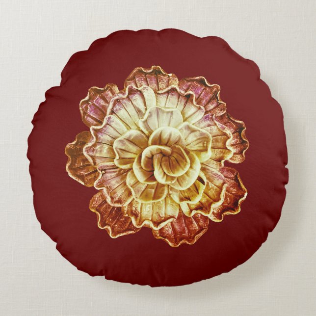 Burgund (primär) & Cream Rosette Elegance Runde Rundes Kissen (Vorderseite)