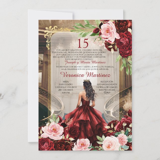 Burgund Princess Palace Kleid Rosa Bläserin 15 Año Einladung (Vorderseite)