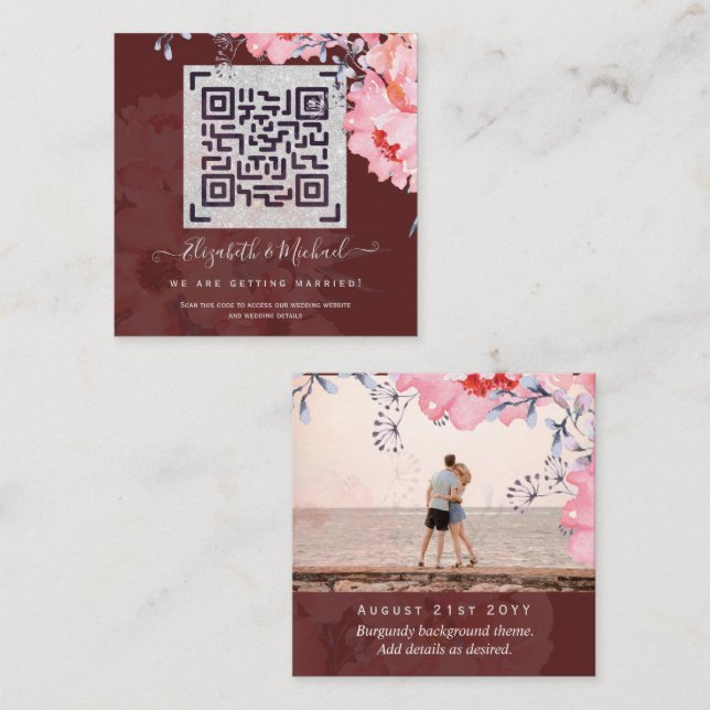 Burgund QR SCANNING CODE Wedding Website FOTO Mitteilungskarte (Vorne/Hinten)