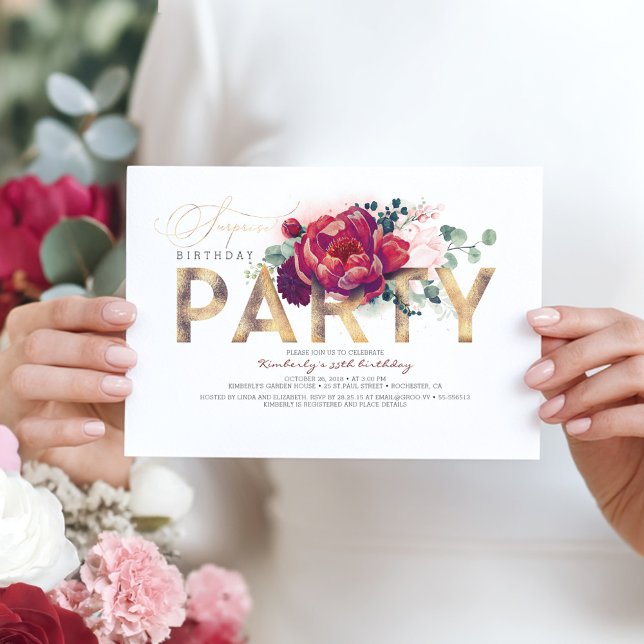 Burgund Red and Navy Blue Floral Surprise Party Einladung (Adult Surprise Birthday Party Invitation for Woman)