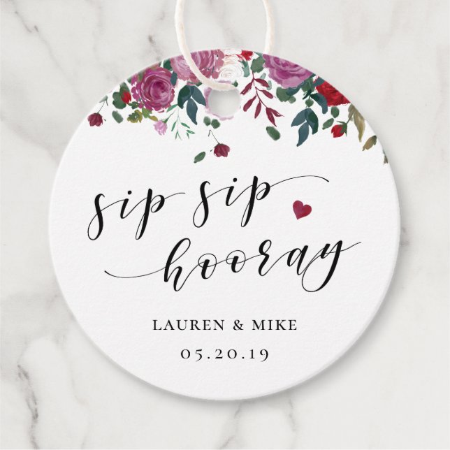 Burgund Red Blooms Sip Hooray Hochzeit Runde Geschenkanhänger (Vorderseite)