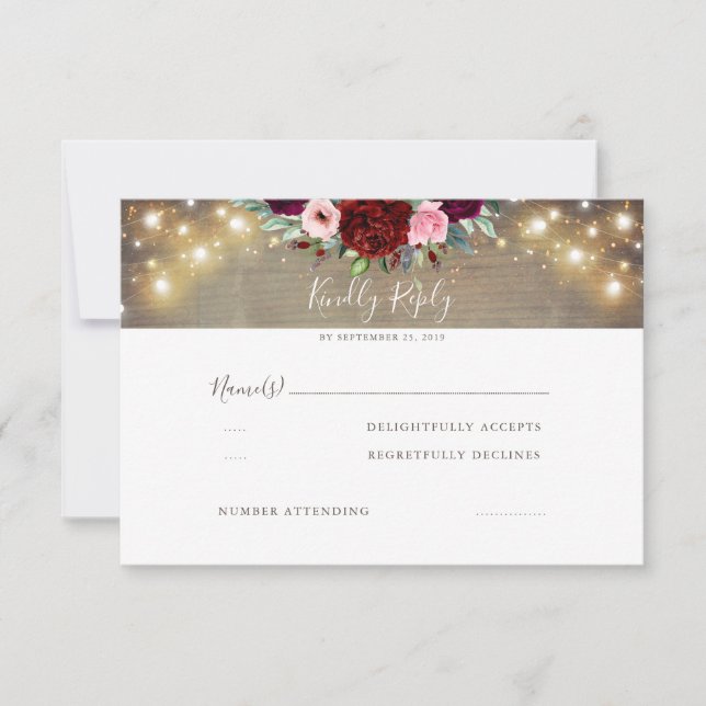 Burgund Red Blume Rustic Wedding RSVP Karte (Vorderseite)