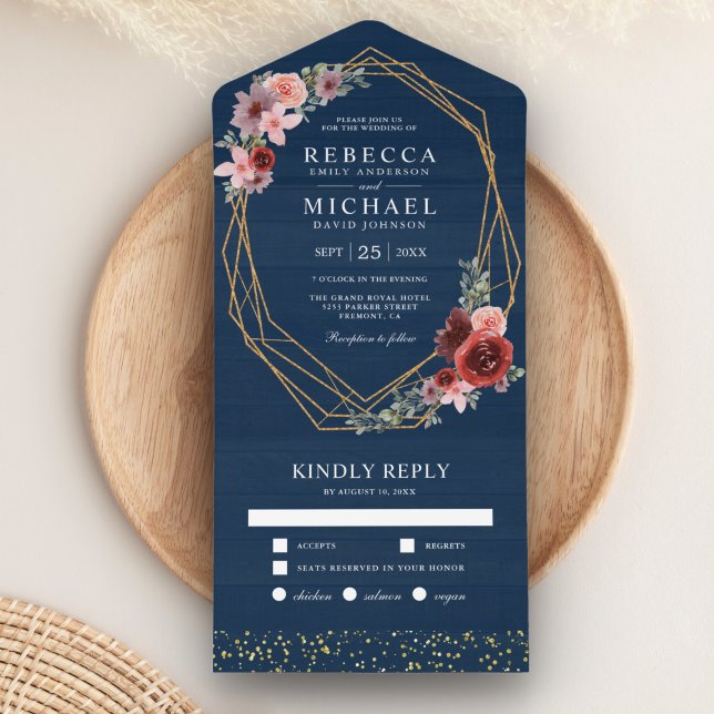 Burgund Red Blush Pink Blues Navy Blue Wedding All In One Einladung (Von Creator hochgeladen)