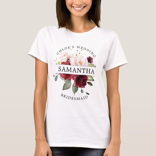 Burgund Red Blush Pink Blumenmädchen T-Shirt (Vorderseite)